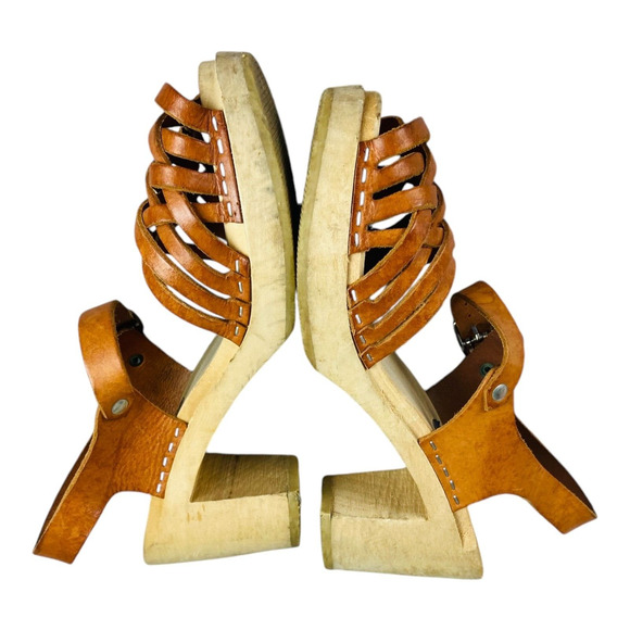 Myclogs.se Womens Sandals Maguba Leather Natural Tan Wooden Peep Toe Size 39 - Picture 4 of 9